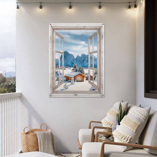 Affiche de jardin Paysage d'hiver - Maison - Montagnes - Vue - Vue - Nature - 90x120 cm - Toile de jardin - Affiche d'extérieur