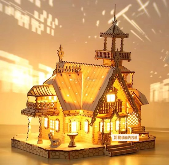 Houten kersthuisje met verlichting