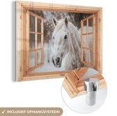 MuchoWow® Glasschilderij 180x120 cm - Schilderij acrylglas - Doorkijk - Paard - Wit - Winter - Sneeuw - Dieren - Foto op glas - Muurdecoratie woonkamer - Wanddecoratie slaapkamer - Schilderijen