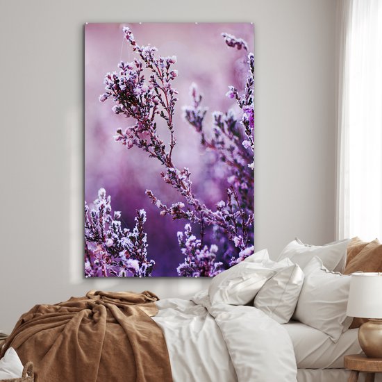 MuchoWow® Glasschilderij 120x180 cm - Schilderij acrylglas - Lavendel - Winter - Bloemen - Paars - Foto op glas - Muurdecoratie woonkamer - Wanddecoratie slaapkamer - Schilderijen