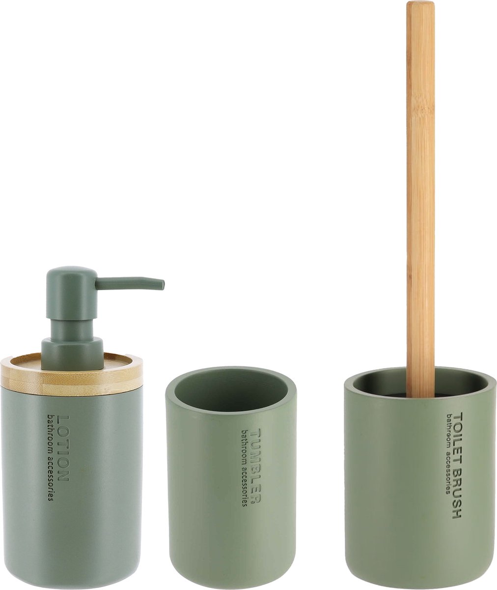 Tendance Badkamer accessoires set 3-delig - PS/bamboe - groen - robuust - matte coating - luxe set