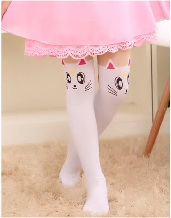 Witte kniekousen voor meisjes met kattengezichtjes en roze oren en maan.