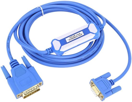 Programmeer kabel, blauw, met witte/blauwe adapter en twee blauwe connectoren (9-pins en 25-pins).