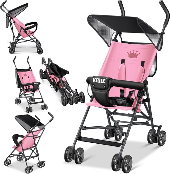 KIDIZ® Kinderwagen CITY Buggy Kinderwagen Opvouwbaar 360° 4-inch wielen Incl. zon- en regenhoes Opvouwbaar 5-punts veiligheidstuigje vanaf 6 maanden - Roze