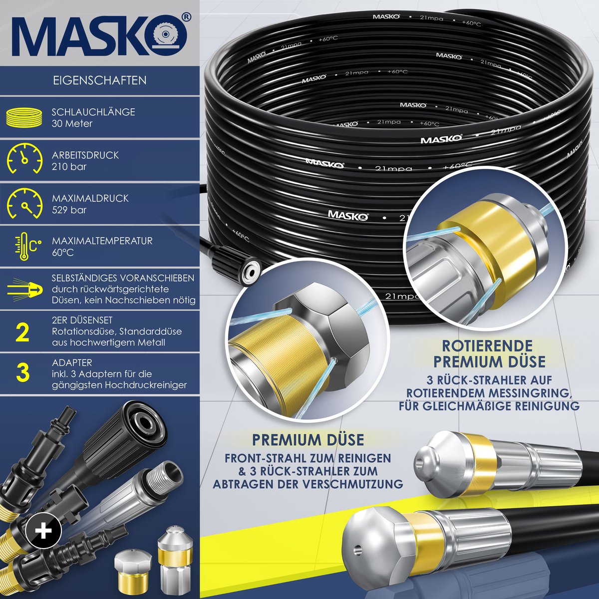 MASKO® Rioolreinigingset Rioolslang 30 Meter - Geschikt Voor Kärcher K2, K3, K4, K5, K6, K7 & Lavor Hogedrukreiniger - Universele Afvoerslang - Afvoerpijp Slang Reiniging Set – foto 2
