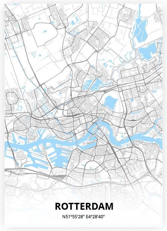 Carte de Rotterdam - Affiche A3 - Style bleu Zwart