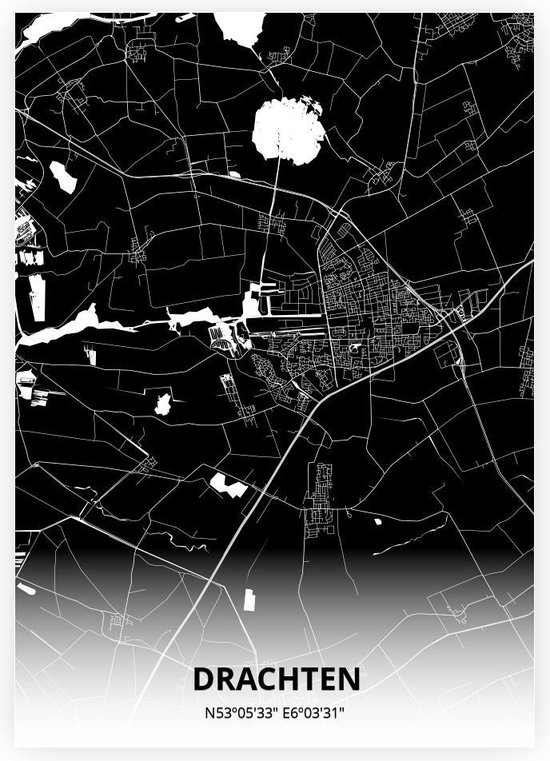Drachten plattegrond - A3 poster - Zwarte stijl