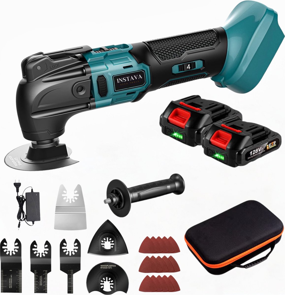 Instava Multitool Accu 18V – Multitool Set Incl. 2 Accu’s – Oscillerende Multitool – Makita LXT Compatibel – 7 Opzetstukken – 15 Schuurvellen