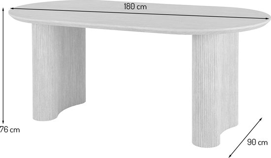 Ovale tafel met afmetingen 180x90x76cm, lichtgekleurd en met gecanneleerde poten.