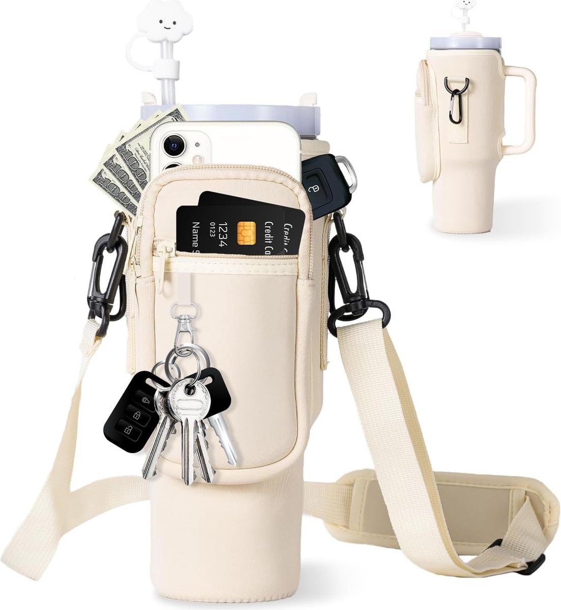 Waterfles Tote Bag met Zak voor Stanley 40 oz Glas, Neopreen Sport Waterfles Houder Tas met Handvat en Verstelbare Schouderband, Glas Accessoire, 25x10cm Buiten Waterfles Houder - Beige-met sleutelhanger