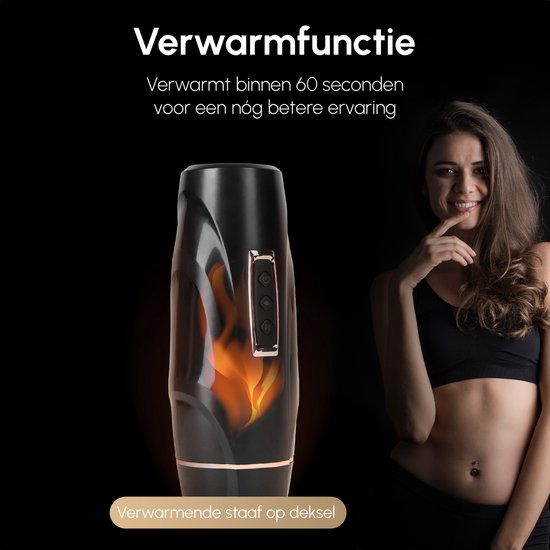 Zwarte masturbator met verwarmingsfunctie, weergegeven met een vuur-effect. Vrouw kijkt naar de camera.
