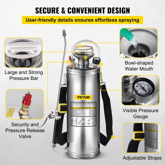 VEVOR Sproeier Rugspuit 3gal/10l Roestvrijstalen Sproeier Home Valve Pesticide Sprayer Promotion Pro van Merkloos	 — afbeelding 5