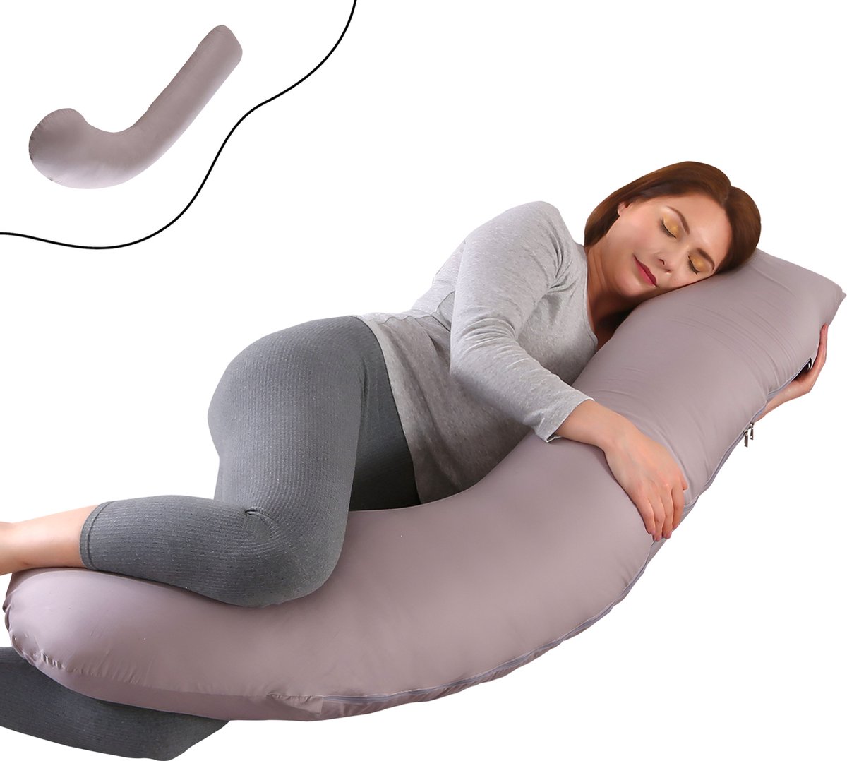 Goedkoopste Oemmie Zwangerschapskussen - Voedingskussen - Zijslaapkussen - Lichaamskussen - J-vorm - 145x45 cm - Grijs