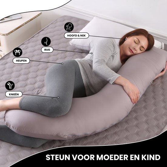 Oemmie Zwangerschapskussen - Voedingskussen - Zijslaapkussen - Lichaamskussen - J-vorm - 145x45 cm - Grijs van Oemmie — afbeelding 2