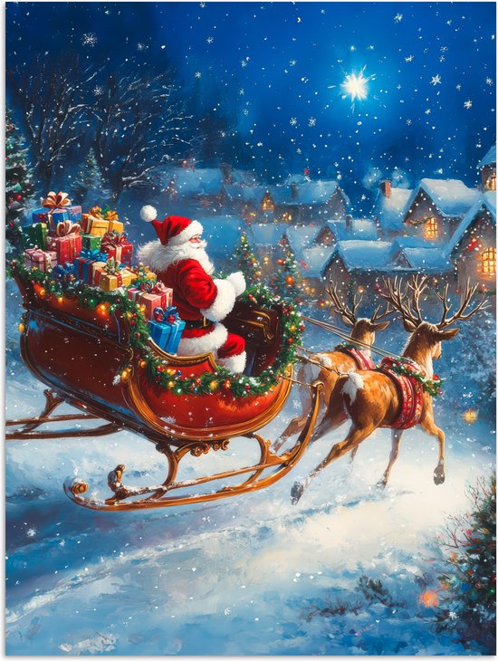 Poster 60x80 cm - Kerstman - Rendier - Kerst - Sneeuw - Posters - Kamer decoratie - Wanddecoratie woonkamer - Kerstdecoratie voor binnen - Kerstversiering - Kerstmis versiering in huis - Kerstaccessoires