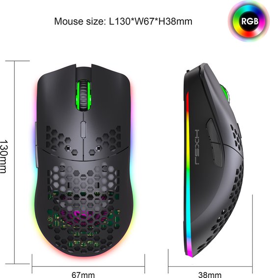 Zij- en vooraanzicht van een zwarte gamingmuis, 130x67x38mm, met honingraatontwerp en RGB-randverlichting.