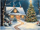 Poster 80x60 cm - Kerst - Kerstboom - Winter - Huis - Sneeuw - Posters - Kamer decoratie - Wanddecoratie woonkamer - Kerstdecoratie voor binnen - Kerstversiering - Kerstmis versiering in huis - Christmas decorations