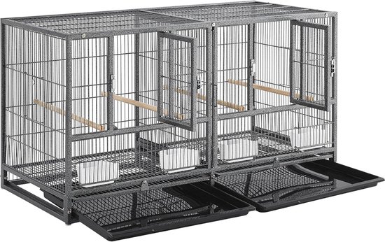 PawHut Vogeltransportkooi – Staal, Met 2 Roestvrijstalen Voerbakjes, 2 Houten Zitstokken, Voor Papegaaien, 65x48x38 Cm, Zwart