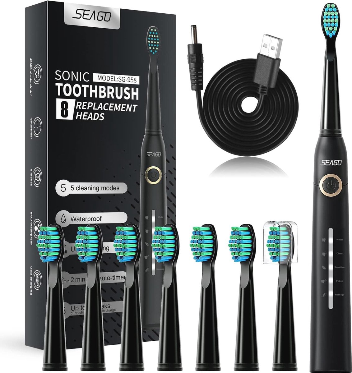 Elektrische tandenborstel voor volwassenen met 5 poetsmodi en 8 koppen - USB oplaadbaar - Zwart