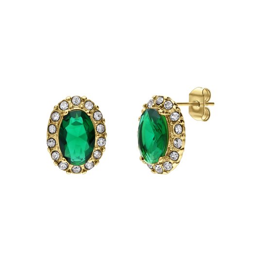 Lucardi Femme Clous d'oreilles vintage en acier plaqué or avec zircone verte - Boucles d'oreilles - Acier - Doré