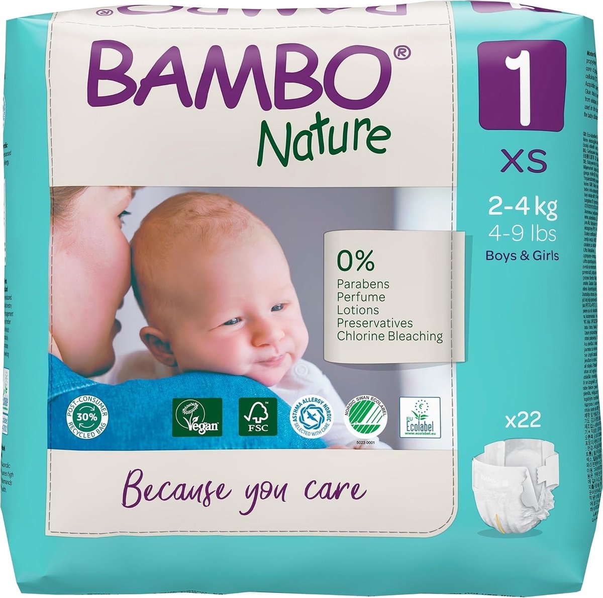 Bambo Babyluiers - Maat 1 - Baby 2 tot 4 kg - 22 Stuks