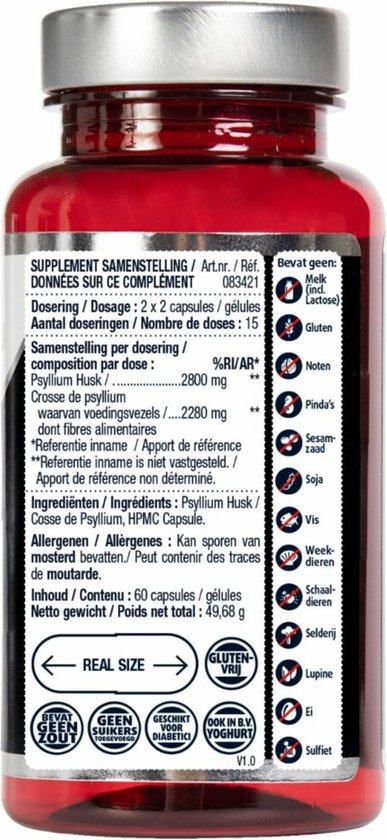 Een rode pot met een zilverkleurig deksel. Het etiket heeft informatie over 'Psyllium Husk Vezels'.