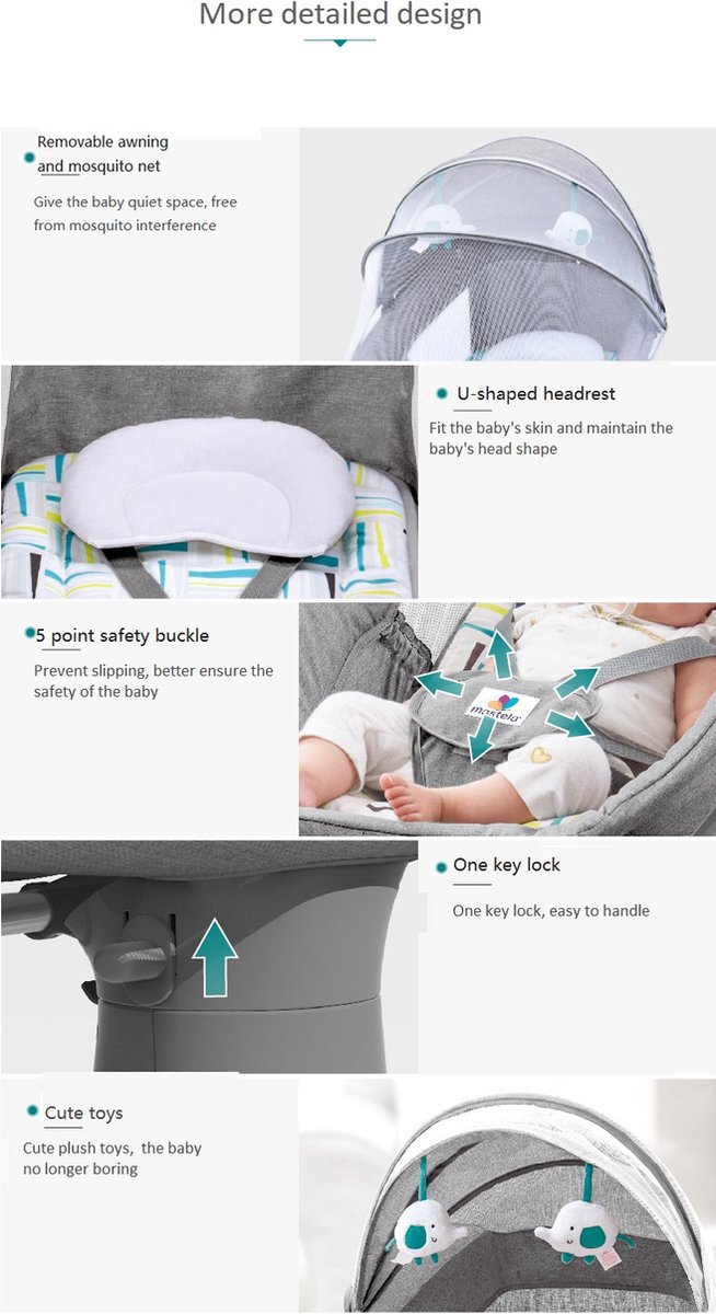 Mylucinda® - Elektrische Schommelstoel voor Baby's - 3-in-1 - Met Bluetooth Music Player - 0 tot 3 jaar - Afstandsbediening - Grijs — afbeelding 5