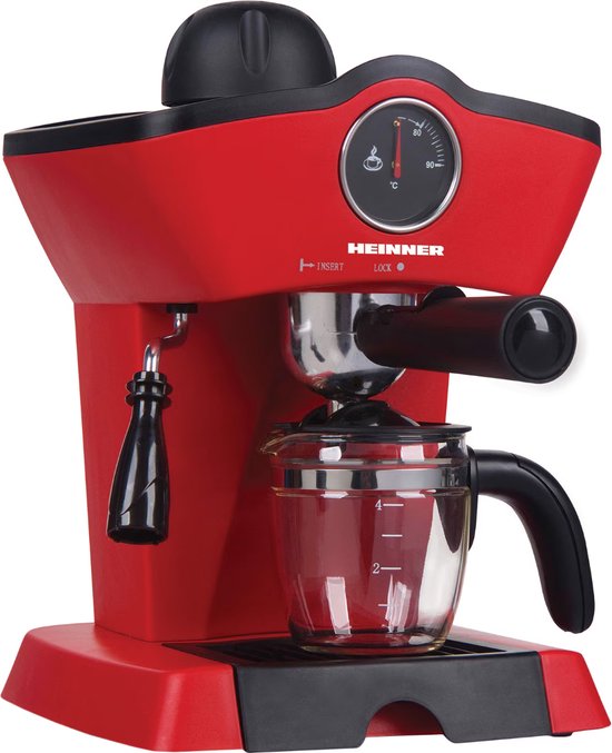 Rode Heinner espressomachine met glazen kan en thermometer, frontaal.