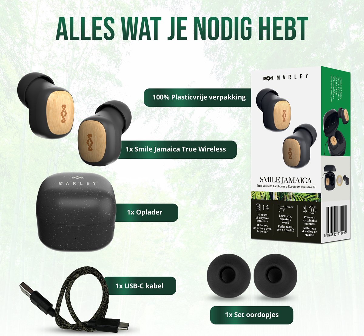 House of Marley Smile Jamaica TWS Draadloze oordopjes - Bluetooth - 14 uur Batterijduur - Met Microfoon - Oortjes Draadloos - Gemaakt van Duurzame Materialen - Zwart – foto 6