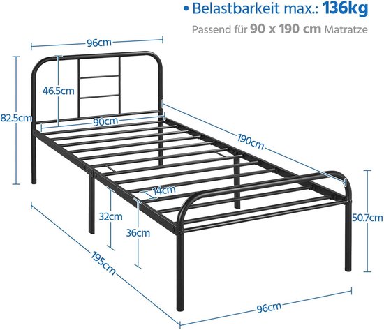 Zinus Justin Bed 90 x 190 cm - Hoogte 36 cm met opbergruimte onder het bed - Metalen platform bedframe - Zwart