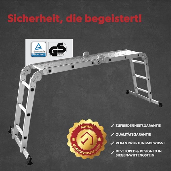 siwitec Multi-Purpose Ladder, 4 x 3 Steps, Ladder with 2 Scaffolding Plates, Rung Ladder up to 150 kg, Stepladder, Aluminium Ladder, Household Ladder, 12 Steps, TÜV/GS Certified