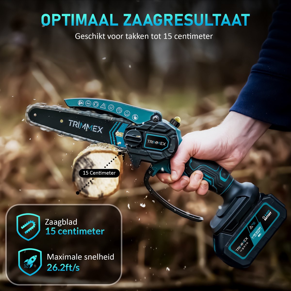 Trimmex® Mini kettingzaag Inclusief 2 Led-Accu's - 2X 4000mAh - Elektrisch Handkettingzaag - Snoeizaag - Takkenzaag - Handzaag - Boomzaag - Automatische Kettingsmering - Brushless – foto 3