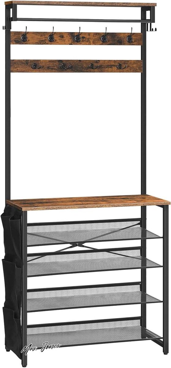 Mrs. Jones Kapstok schoenenrek 5 niveaus afneembare stoffen zijzak verstelbare metalen gaasplank gang donkerbruin zwart .