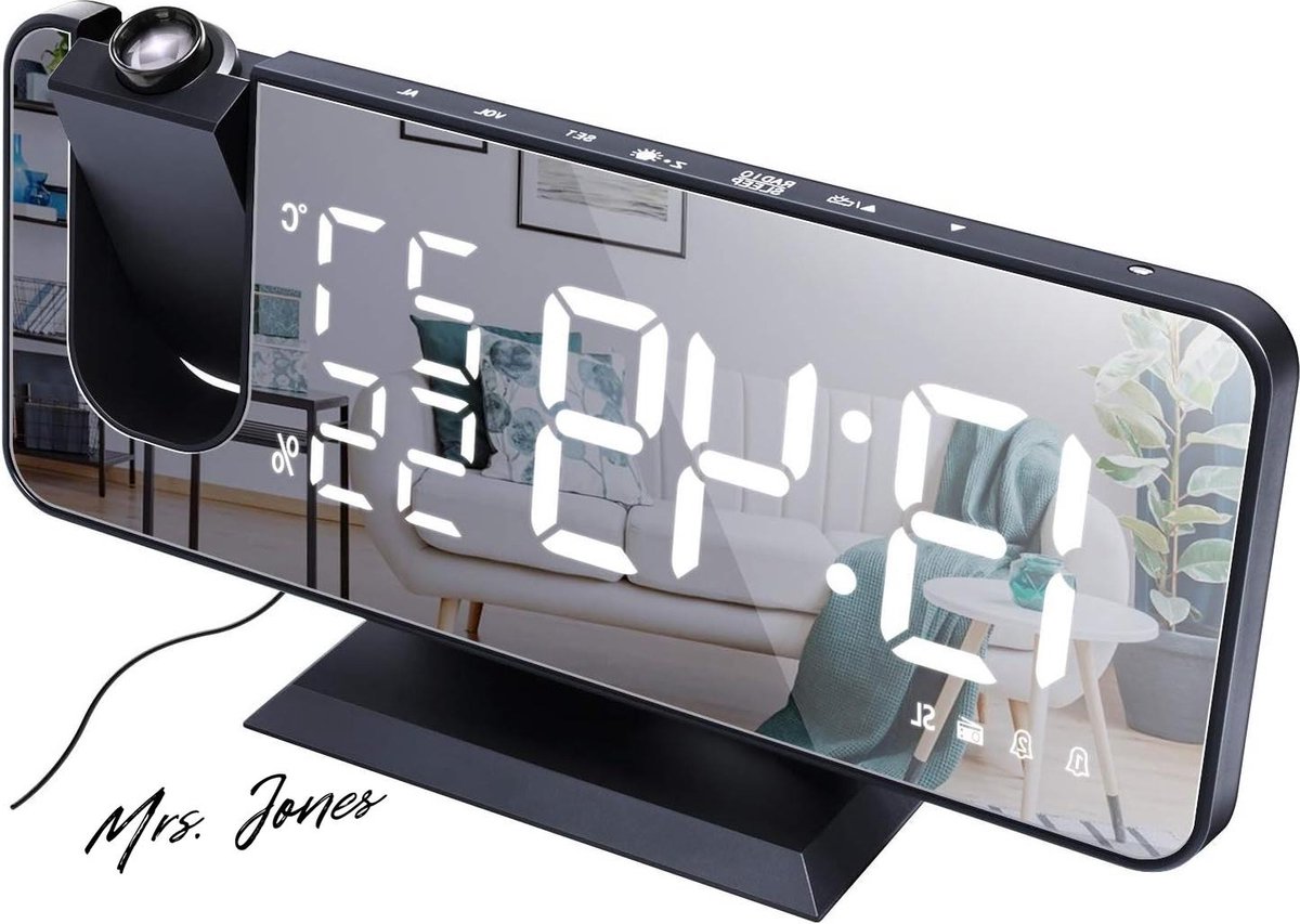 Mrs. Jones Projectiewekker voor slaapkamer grote 74 inch LED-spiegeldisplay & 4 dimmer-radiowekker met USB-opladen 180 ° draaibaar 2 geluiden zwart-wit - Slaapkamerprojectie Geluidswekker .