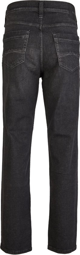 Achterkant van een donkergrijze regular fit jeans met twee zakken op de achterkant. Het Mustang logo is zichtbaar.