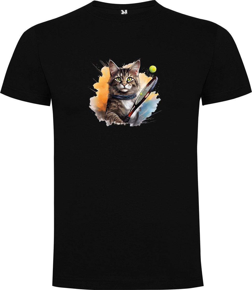 Zwart T-Shirt met “Kleurrijke Stoere Kat met tennisracket “ Print Full Color Maat 4XL