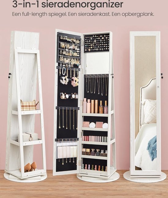 tectake® Schmuckschrank, Standspiegel mit Schmuckkasten, Spiegel groß mit Schrank Organizer für Schmuckaufbewahrung, Schmuck Organizer Geheimversteck Schrank Schlafzimmer - Weiß