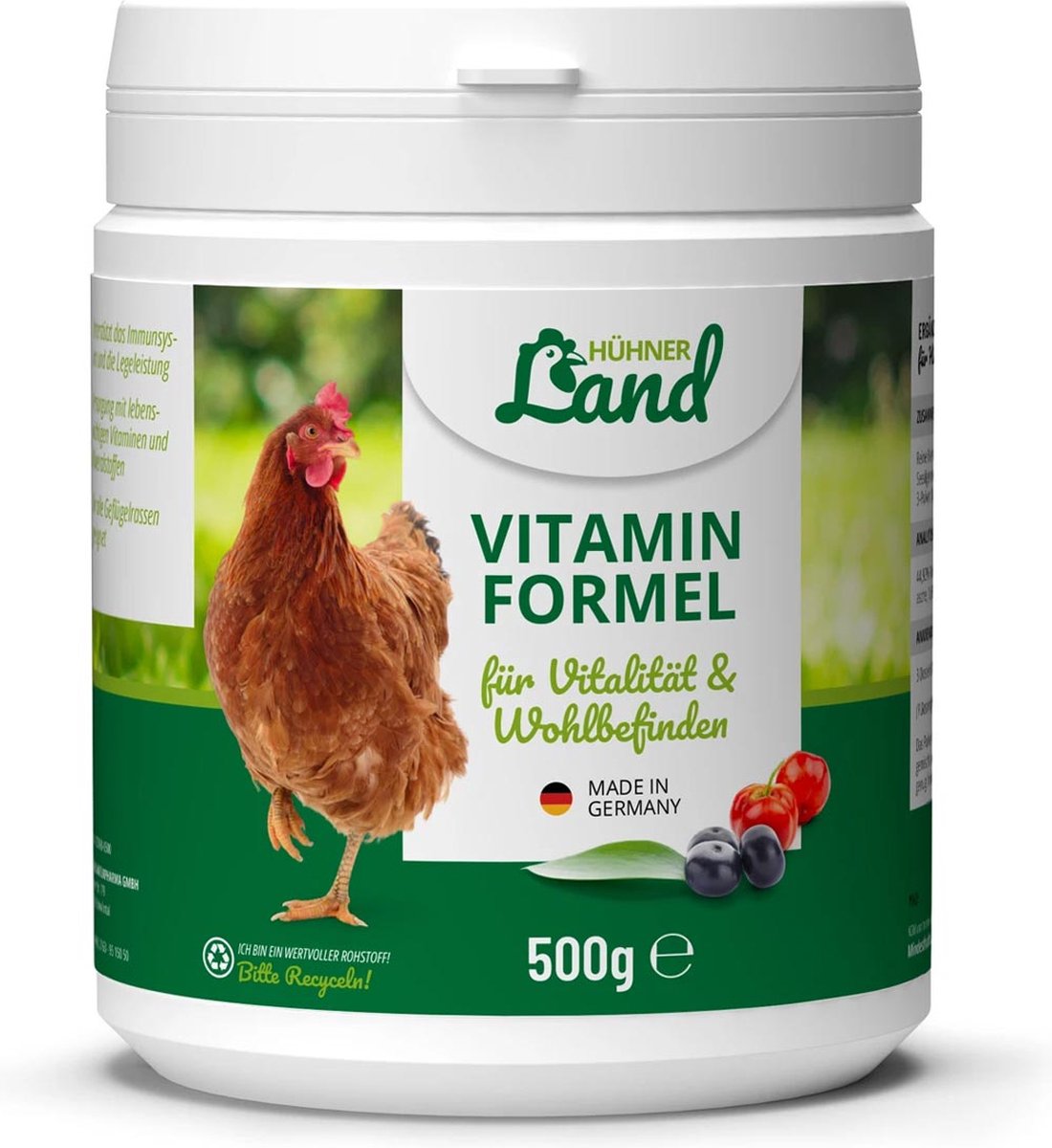 HÜHNER Land - Kippen Vitamine Formule voor kippen en kwartels (500g) | Ondersteunt het immuunsysteem | Verbetert de eiproductie en verenkwaliteit | Voor elk type pluimvee