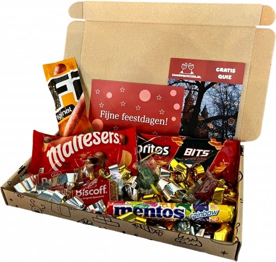 Pubquiz brievenbus kerstpakket - Kerstpakket bestellen - Kerstcadeau voor mannen en vrouwen - Klein kerstcadeau personeel - Relatiegeschenk - Eindejaarsgeschenk - Kerstpakket met kaart