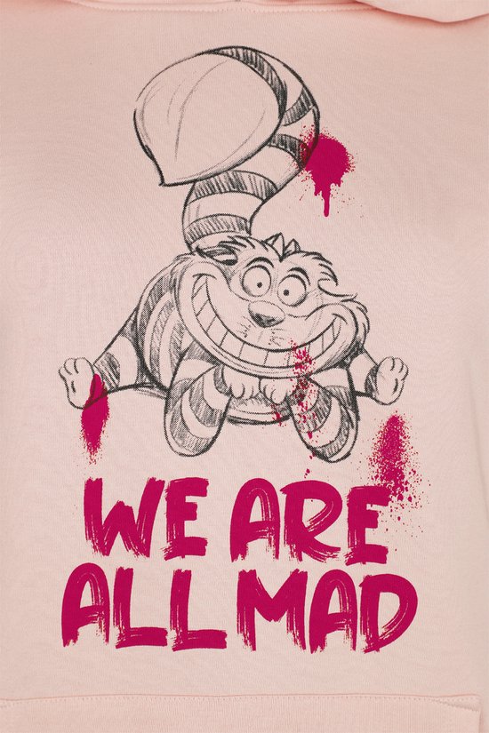 Lichtroze hoodie met getekende Cheshire Cat en de tekst 'WE ARE ALL MAD' in roze letters.