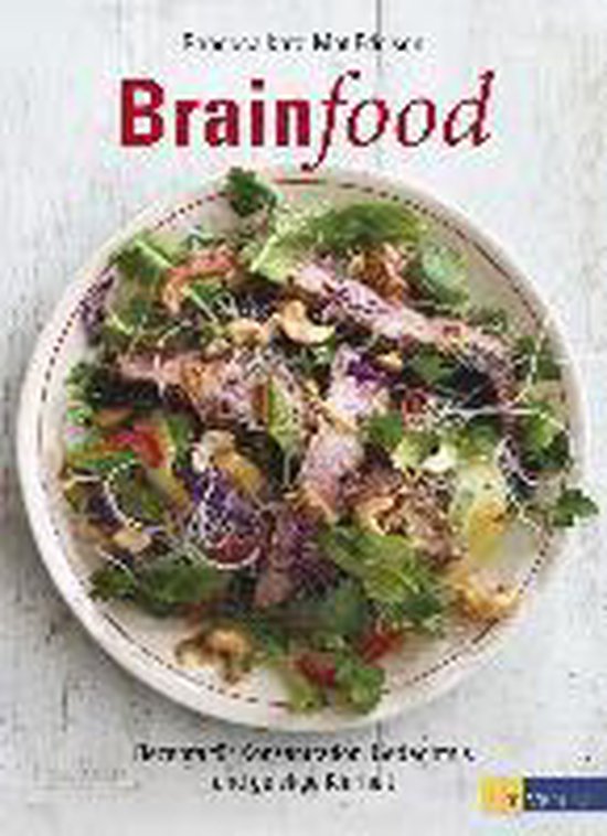 Boek 'Brainfood' met een foto van een salade met rundvlees, rode kool, cashewnoten en taugé.