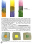 Drie verticale kleurenbalken met aquarelverf: blauw, groen, oranje; geel, groen, paars; roze, groen, grijs.