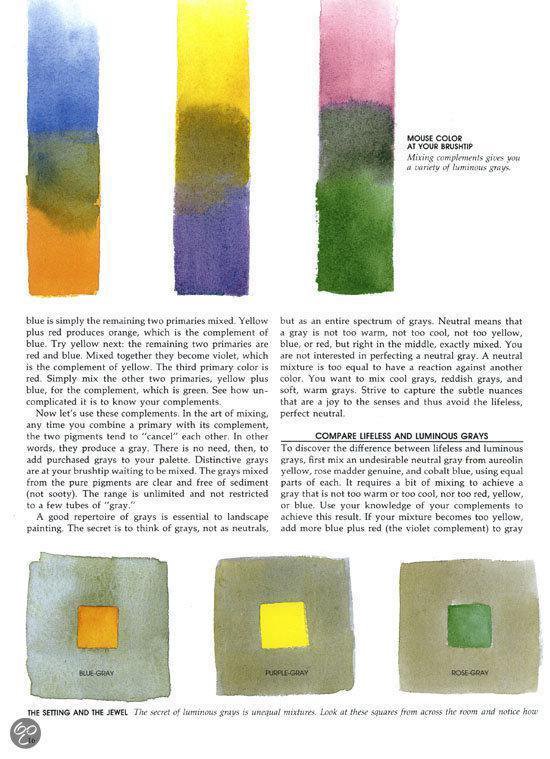 Drie verticale kleurenbalken met aquarelverf: blauw, groen, oranje; geel, groen, paars; roze, groen, grijs.