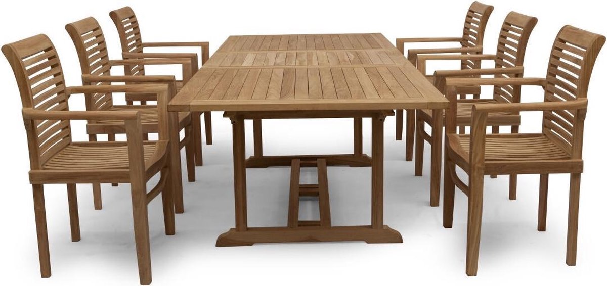 Teakea - Teakhouten Tuinset - 6 Stapelbare Teak Stoelen + Uitschuifbare Tafel 150–200 cm - Luxe Buiten Set