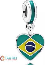 Reizen - Zilveren bedels - Bedel Brazilië | Hart vlag Brazilie | Zilver en emaille | 925 Sterling Zilver - Geschikt voor alle merken - Met 925 Zilver Certificaat - In Leuke cadeauv