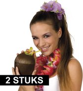 2x Kokosnoot drinkbekers hawaii met rietje 12 x 16 cm 400 ml - Tropisch/hawaii thema feest accessoires