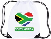 Zuid Afrika nylon rijgkoord rugzak/ sporttas wit met Zuid Afrikaanse vlag in hart