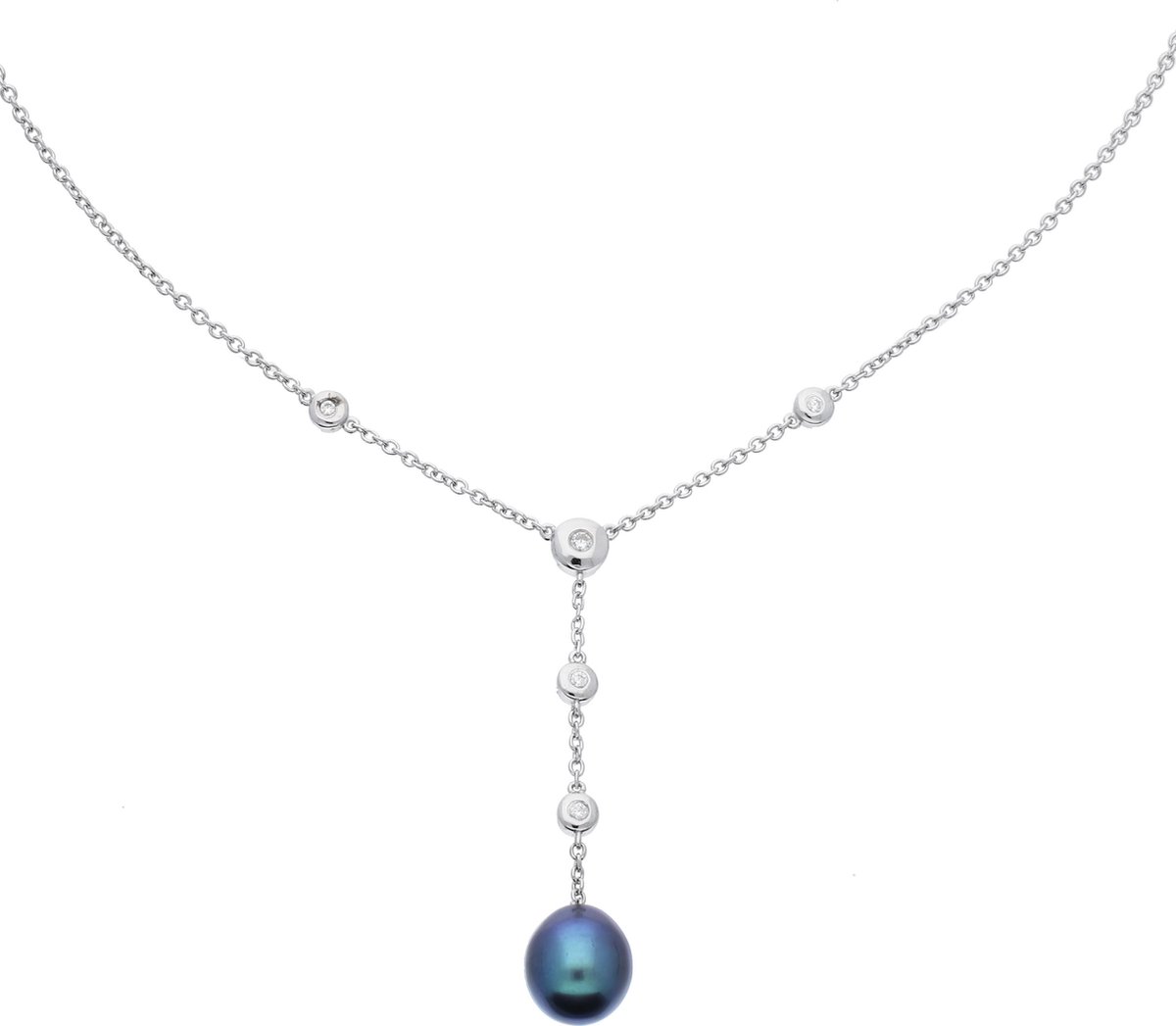 Classics&More Zilveren Parelcollier 43 cm - Anker - Parel Zwart