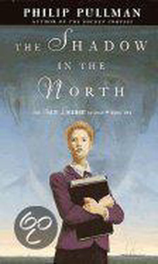 Couverture du livre "The Shadow in the North" avec une jeune fille tenant un livre.