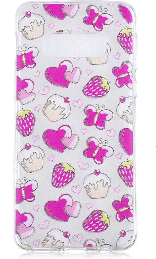 Shop4 - Geschikt voor Samsung Galaxy S10e Hoesje - Zachte Back Case Vlinders en Aardbeien Roze